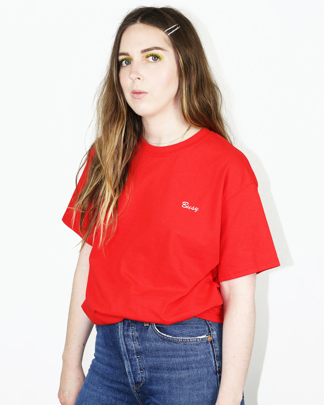 Double Trouble Gang:Busy Tee – White on Red Embroidery,ANOMIE