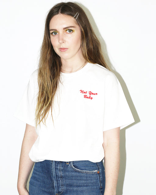 Double Trouble Gang:Not Your Baby Tee – Red on White Embroidery,ANOMIE