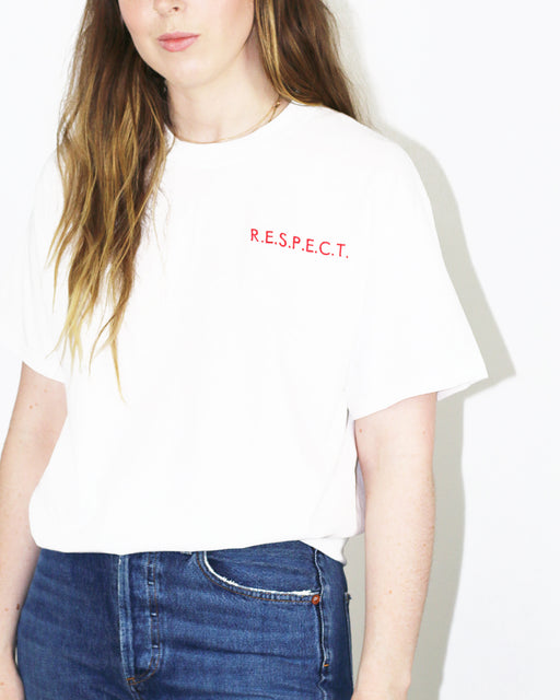 Double Trouble Gang:R.E.S.P.E.C.T Tee – Red on White Embroidery,ANOMIE