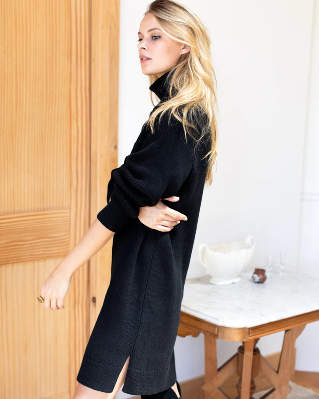Rib Knit Sweater Dress – Black Organic